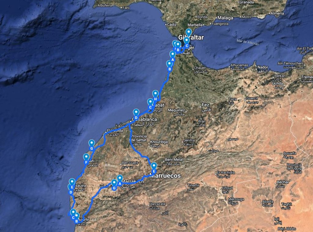 Ruta Costa Atlántica mapa Marruecos en autocaravana o camper